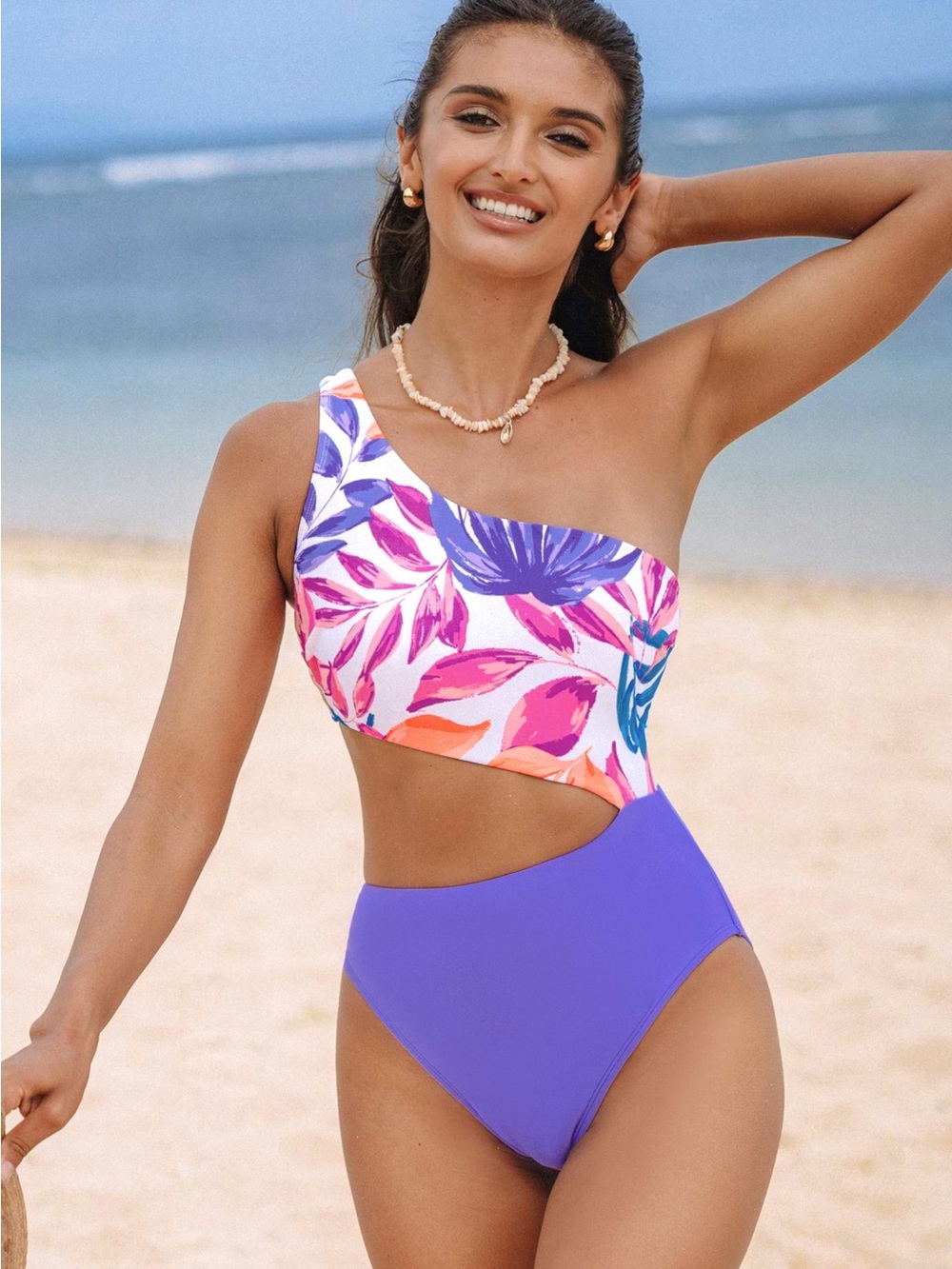 One-Shoulder Floral Cutout One-Piece Swimsuit - Purple Floral